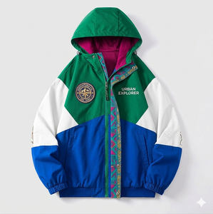 Chaqueta Cortavientos Urbana Retro de los 90 Personalizada, Chaqueta Bomber de Hip Hop con Bloques de Color y Parches Bordados - Product Image 1