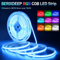Bande LED COB USB 5V 8mm RGB 576 LED/M sans points, auto-adhésive, flexible, à changement de couleur pour TV, PC, décoration d'intérieur