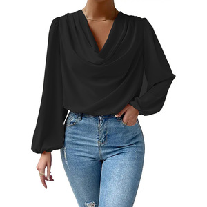 Camicetta da <span class=keywords><strong>donna</strong></span> in chiffon con scollo a V, maniche lunghe, vestibilità ampia, drappeggiata, casual, tipo tunica - Product Image 2