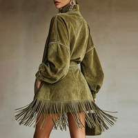 Robe Courte Décontractée en Daim pour Femme, Col Roulé Vintage, Manches Longues, Franges et Pompons, Coupe Ample, Style Mini, Personnalisable OEM