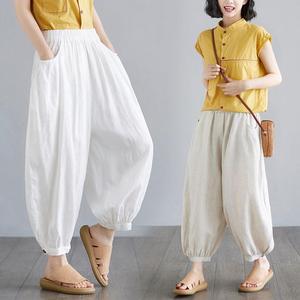 2024 Lente Zomer Nieuwe Polyester Artistieke Dames Elastische Taille Harembroeken Losse Casual Negen-punts Wijde Pijpen Lantaarnbroeken - Product Image 2