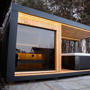 Cabine de sauna extérieure moderne <span class=keywords><strong>avec</strong></span> patio intégré et éclairage LED, extérieur gris sans baignoire - Product Image 1