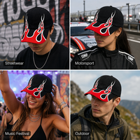 Casquette de baseball unisexe vintage en sergé de coton à 6 panneaux, réglable, brodée, avec logo personnalisé motif flamme noire, vente en gros OEM, faible MOQ