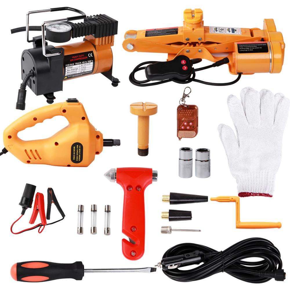 Hot Sale CE 3in1 Portable 12V 3T Electric Screw Scissor Car Jack and Electric Wrench and Air Pump Set With Electric Wrench