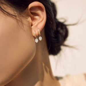Dylam Elegance Classic Design Fine Jewelry 14K Gold Rhodium Plated Dangle Oval Shape 5A Zirconia <b>Clip</b>-on Hoop Earrings Jewel - Product Image 5
