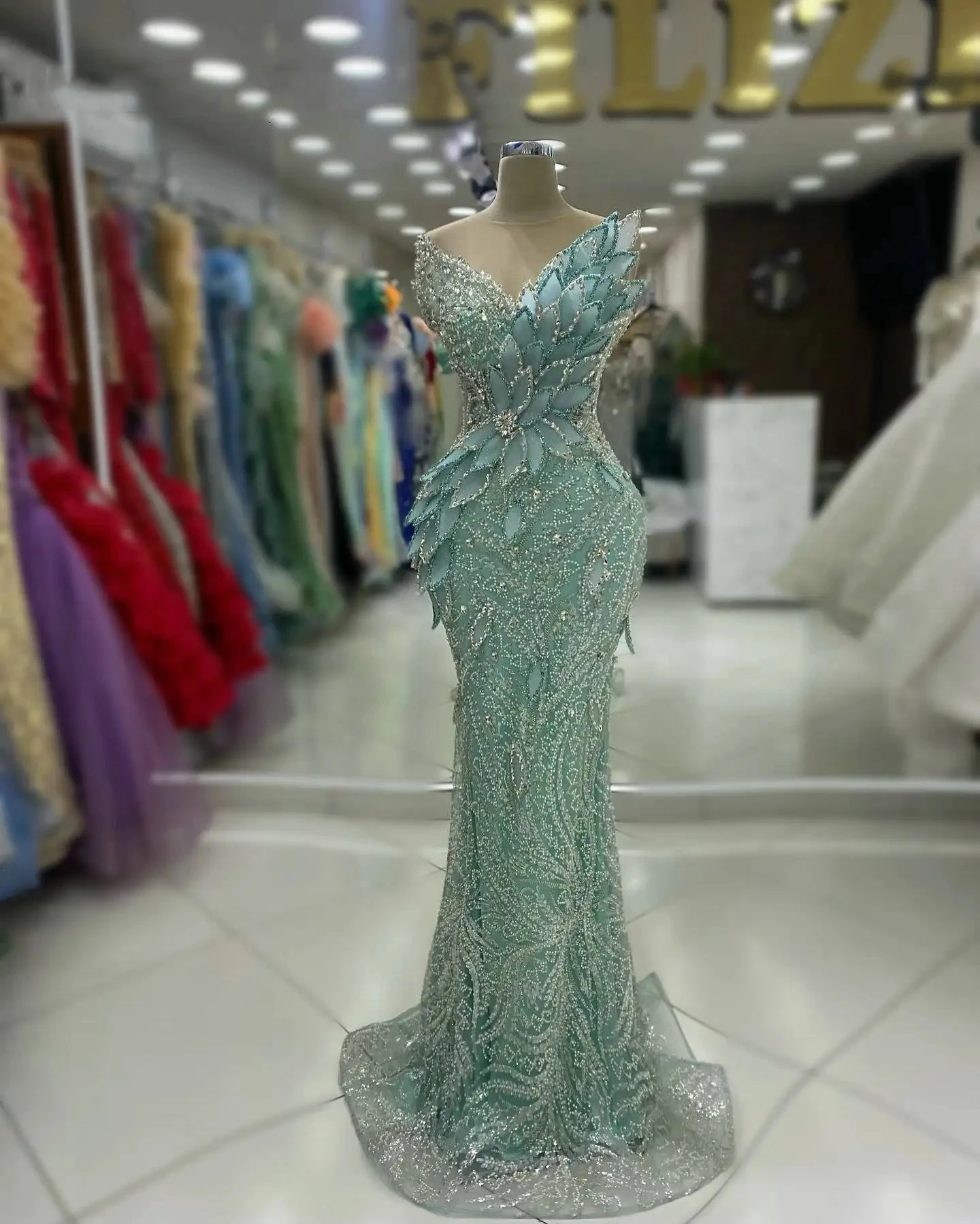 green emerald velvet dress Custom mother of the bride dresses Luxury Embroidery Lace Gown Evening –  Angelgown main image 0