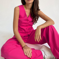 Veste élégante sans manches à col en V de couleur unie Ensemble tendance Pantalon long Lâche Taille haute Haut de tailleur Bouton vente en gros Été décontracté Femmes
