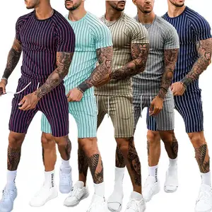 Conjunto de agasalho masculino, roupas de corrida para homens, 2 peças, manga curta, estampado, listras, conjunto de camisetas e shorts para homens