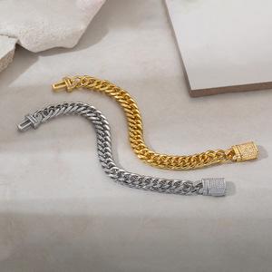Fashion Chain Link <b>Bracelet</b> 20cm <b>Copper</b> Plated Gold Cuban Chain Zircon Stone Men's Jewelry - Product Image 3
