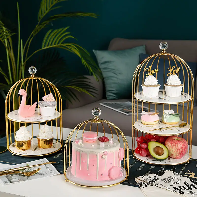 Cage à oiseaux légère de luxe à plusieurs niveaux, assiette à dim sum, présentoir de table à dessert, présentoir d'assiettes à gâteaux, plateau de vaisselle pour le thé de l'après-midi