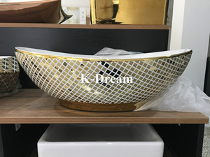 Lavabo en céramique plaqué or de haute qualité KD-10GBB pour hôtel, lavabo de salle à manger en forme de lune dorée - Product Image 5