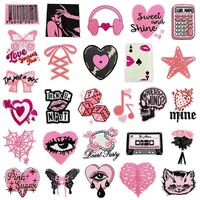 Patchs brodés en jean à coudre ou thermocollants, style Coquette rose, motifs Cœur gothique, Crâne, Étoile, pour appliques DIY et accessoires de vêtements pour filles