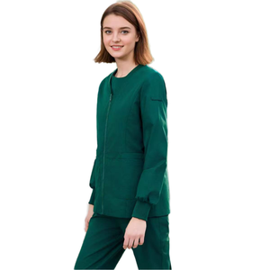 Blouse de travail pour femmes, manches longues, verte, fermeture éclair sur le devant, uniforme d'hôpital, tissu tissé en coton et polyester - Product Image 1