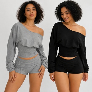 Women's Asymmetric Off Shoulder Crop Top + High Waisted Shorts Two Piece Set Solid Color Basic Gym Activewear Outfit - Product Image 1