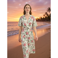 Robe en coton à imprimé floral pour femmes, robe mi-longue à manches courtes et col en V, décontractée pour le printemps et l'été