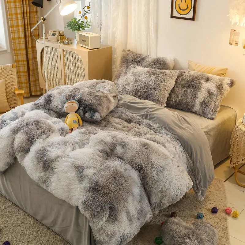 Chất lượng cao thân thiện với môi Fluffy Faux lông xù xù xì Duvet cover tấm phẳng flannel sợi nhỏ 4 cái Duvet bedding Set Comforter Set