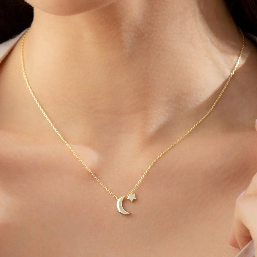 Bán Buôn Phụ Nữ Trang Sức Trăng Lưỡi Liềm Sao Mặt Dây Chuyền Vòng Cổ Vàng 18K 925 Sterling Silver Moon Và Star Necklace