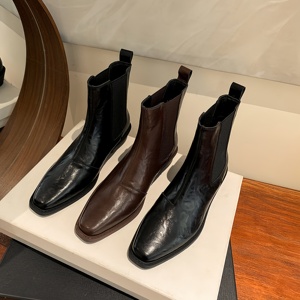 Bottes pour femmes faites à la main en cuir véritable, bout carré, talon épais, fermeture éclair, bottes modernes pour femmes, grandes tailles - Product Image 1