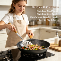 Ustensiles de cuisine en acier inoxydable poli miroir, durables, 5 pièces, avec manche en plastique motif grain de bois : louche, spatule, écumoire, cuillère ajourée