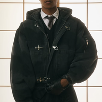 Veste bomber en denim de haute qualité à épaules tombantes avec logo personnalisé, matelassée, à capuche, avec boucle de pompier, style streetwear