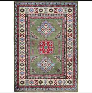 Tapis en laine kazak vert Design géométrique noué à la main doux pour la prière pique-nique adolescent salon personnalisable Puzzle Rectangle couloir - Product Image 1