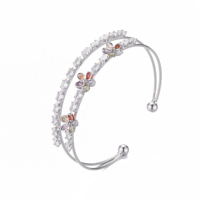 Bracelet Manchette Ouverte Ajustable en Argent Ton Zircon avec Fleur en Cristal Bleu, Service OEM, Pulsera de Moda Elegante