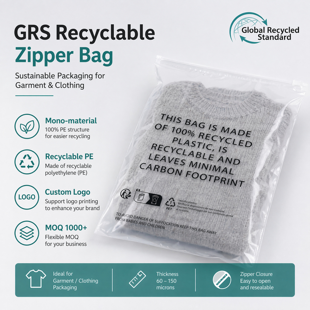 Custom Size Print logo Pe Clothing Plastic Bag Reclosable Recyclable Transparent Zipper and Slidder Pe Poly Mailer Bag