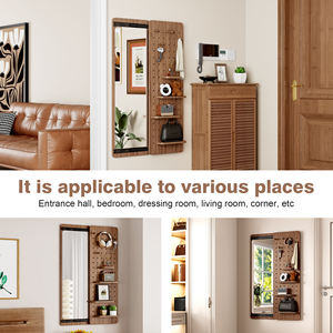 Miroir mural en bois pleine longueur avec étagère et crochets, organisateur de rangement 100x70 cm pour chambre à coucher, design minimaliste - Product Image 5