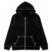 Sweat à capuche zippé intégral personnalisé pour homme, en coton épais, noir, avec poche plaquée à surpiqûres contrastées et détails rivets, style streetwear minimaliste