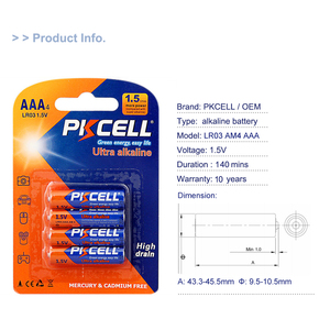PKCELL 지속 시간 140 분 1.5v aaa lr03 no. 7 알카라인 전지 장난감 배터리 - Product Image 4