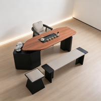 Ensemble de table à thé en bois massif moderne avec cadre noir, table à thé de loisirs avec tabourets et banc pour la maison, la villa, l'hôtel, le bureau, la salle de thé