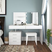 Coiffeuse blanche en bois style français en bois, style miroir, meuble d'angle, avec tabouret, 1 pièce