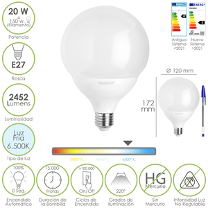 Lampadina LED Globo E27 20 Watt. Equivalente a 150 Watt. 2452 Lumen. Bianco Freddo 6500K. - Product Image 1