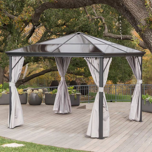 Pergola <span class=keywords><strong>de</strong></span> jardin extérieure à toit rigide, structure en aluminium, toit en polycarbonate avec rideau d'intimité, protection contre les intempéries et pare-soleil. - Product Image 2
