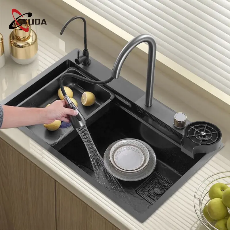 Fregadero de cocina de cascada con pantalla Digital Led antiarañazos, fregadero de cocina de acero inoxidable Nano Smart 304 negro con arandela de taza