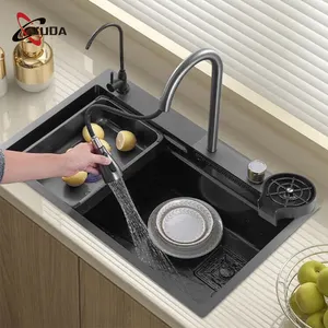 Anti-Scratch LED Digital anzeige Wasserfall Küchen spüle Schwarz Nano Smart 304 Edelstahl Küchen spüle Mit Cup Washer