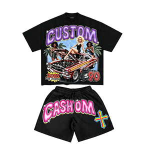 Wholesale OEM <b>Men's</b> Summer Tracksuit <b>Short</b> Sleeve Cropped Boxy T-Shirt and <b>Shorts</b> Set Custom <b>Patch</b> Streetwear 2 Piece Suit <b>Men</b> - Product Image 2