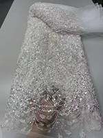 Tissu 100% Polyester Brodé de Perles Lourdes et de Paillettes Africaines, Dentelle à Perles Françaises en Maille à Motif Floral pour Robe de Mariée