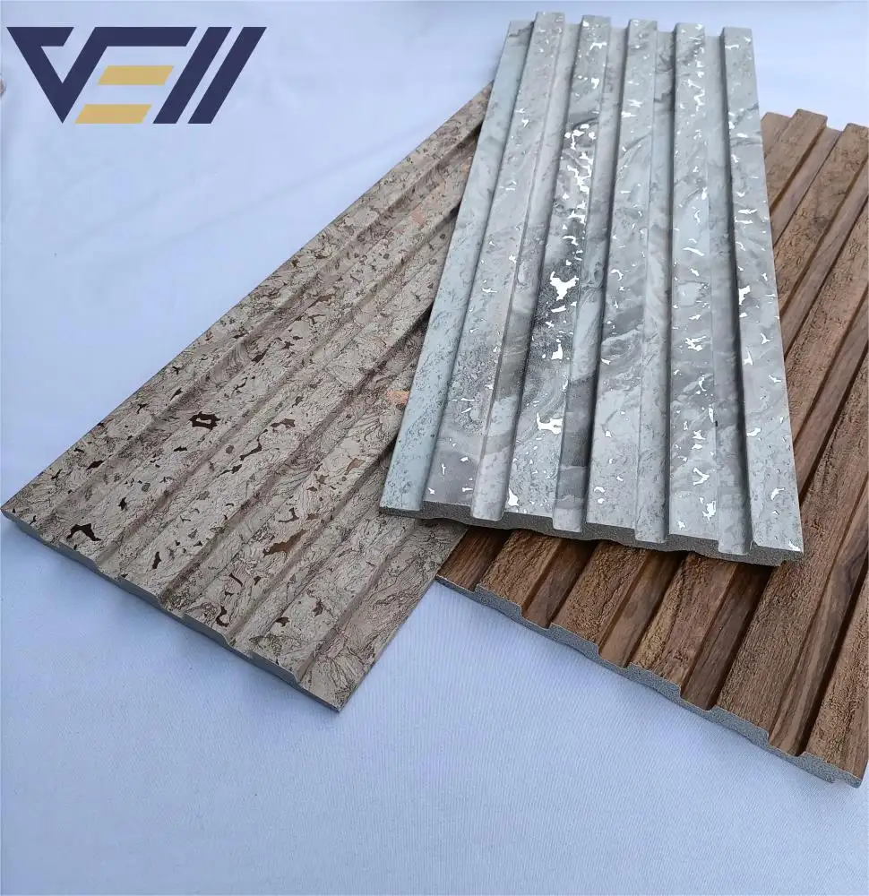 Panel dinding kayu Pvc 3d tekstur batu pelapis Panel dinding Ps serbuk kayu Interior bergalur