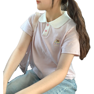 POLO de manga corta para niñas, novedad de verano 2024, camiseta original estilo dulce hermana, rayas, suelta, dulce, tendencia corta - Product Image 1