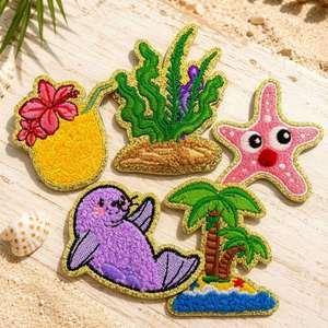 Patchs thermocollants en chenille brodés à bordure scintillante, style plage estival, étoile de mer, dauphin, appareil photo, crabe, coquillage, pour la décoration - Product Image 3