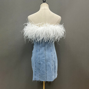 2023 Spring Pretty <strong>Fur</strong> <strong>Dress</strong> Fluffy <strong>White</strong> Ostrich Feather Denim <strong>Dress</strong> Women - Product Image 4