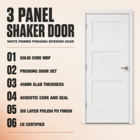 Porte intérieure pré-montée Shaker à 3 panneaux, taille personnalisée, blanche apprêtée, en MDF massif acoustique pour projet de chambre à coucher