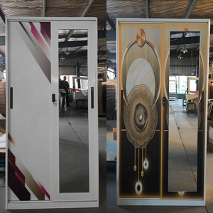 Fabricante Knockdown personalizado impreso Metal Almirah tela armario almacenamiento espejo 2 puerta corredera armario acero marrón madera Color - Product Image 6
