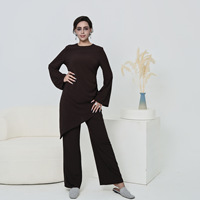 Ensemble 2 pièces 2026 – Abaya et pantalon brodés respirants pour femme, style décontracté, idéal pour mariage, Ramadan, Aïd – Longueur au sol en polyester