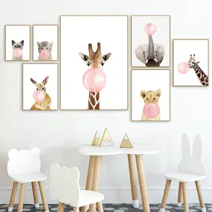 Wall Art Picture Pink Bubble Elephant Giraffe Child Poster Animal Wall Art Canvas Nursery Print Painting Nordic Kid Baby Room Decoration Picture