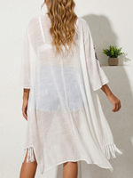 Vente en gros de cardigan de plage pour femmes, crocheté à la main, avec franges, ourlet irrégulier, à nouer devant, protection solaire, robe kimono