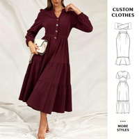 Robe mi-longue bordeaux à volants pour femme, manches bouffantes, col en V, boutonnée, décontractée, élégante, pour les vacances d'été, VÊTEMENTS PERSONNALISÉS