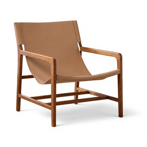 Fauteuil de jardin en chêne de style mid-century moderne avec revêtement en cuir, pieds coniques, fauteuil lounge d'extérieur au design durable - Product Image 1