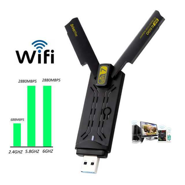 2.4G + 5.8GHZ WiFi7 USB3.0 WIFI Adapter 6500Mbps 2*2dBi Antennas External Wireless Network Card for PC